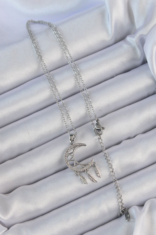 BKO9172 - 316L Çelik Zincir Gümüş Renk İşlemeli Zirkon Taşlı Ay Kolye