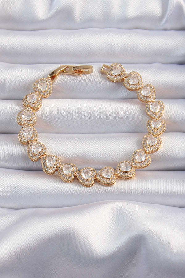 BB6316 - Pirinç Vip Seri Gold Renk Zirkon Taşlı Kalp Model Bileklik