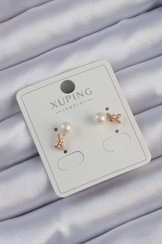 Xuping Rose Renk Zirkon Taşlı İncili Minimal Fiyonk Küpe - BKP9402