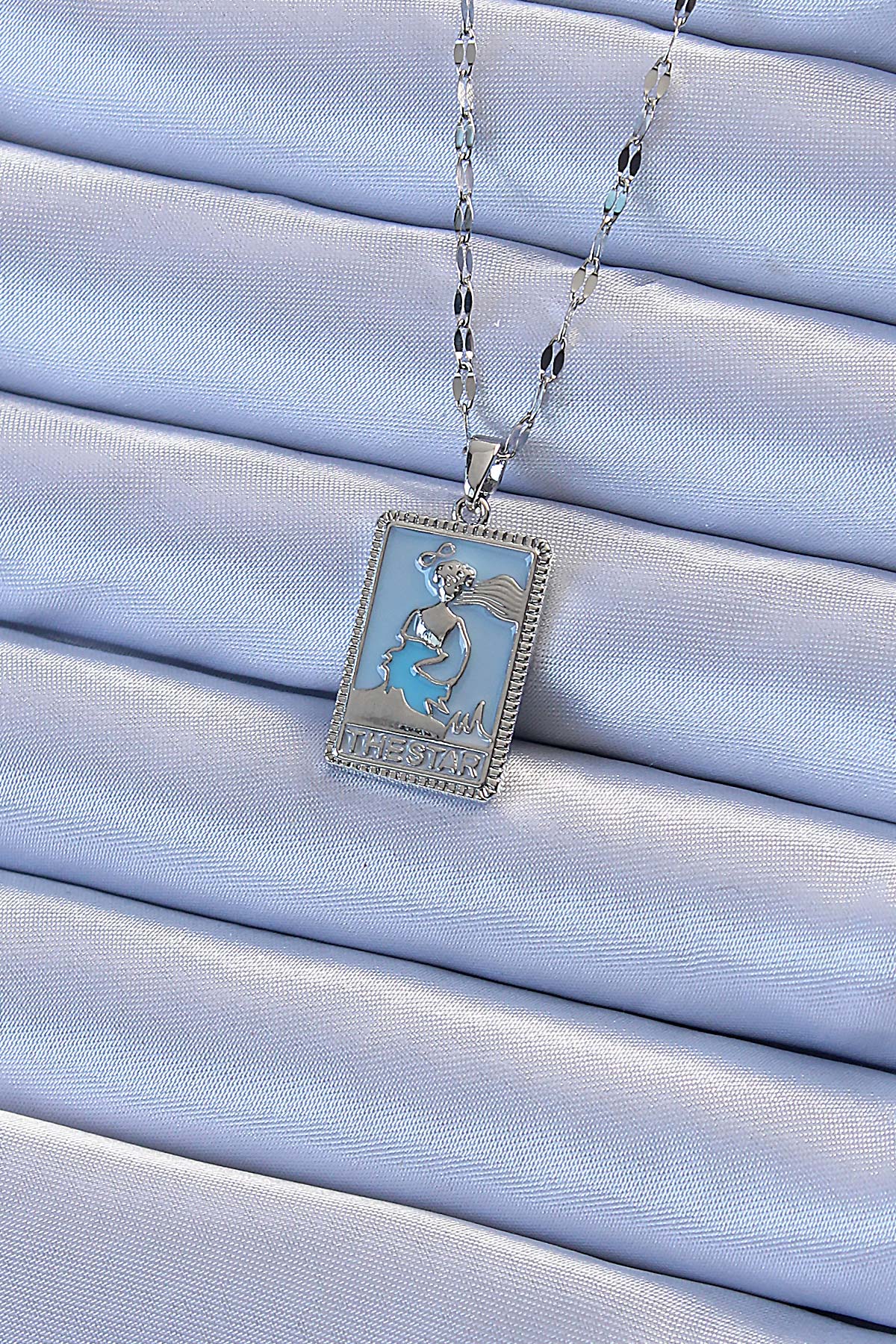 BKO9210 - 316L Çelik Zincir Gümüş Renk Mavi Mineli Tarot Kolye