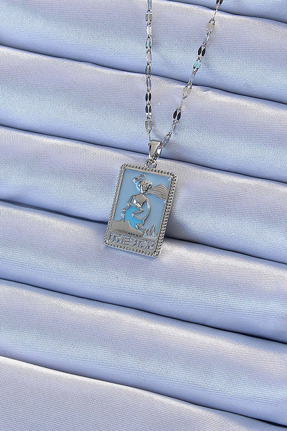 BKO9210 - 316L Çelik Zincir Gümüş Renk Mavi Mineli Tarot Kolye