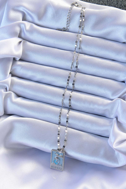 BKO9210 - 316L Çelik Zincir Gümüş Renk Mavi Mineli Tarot Kolye