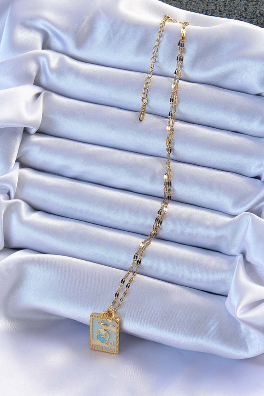 BKO9211 - 316L Çelik Zincir Altın Renk Mavi Mineli Tarot Kolye