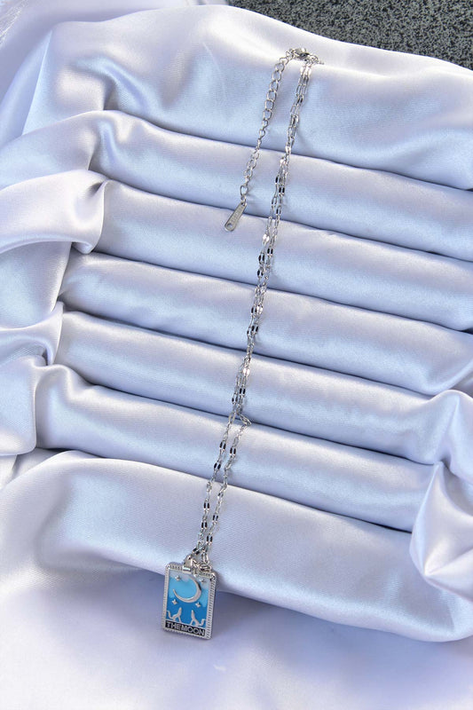 BKO9212 - 316L Çelik Zincir Gümüş Renk Mavi Mineli Ay Figür Tarot Kolye