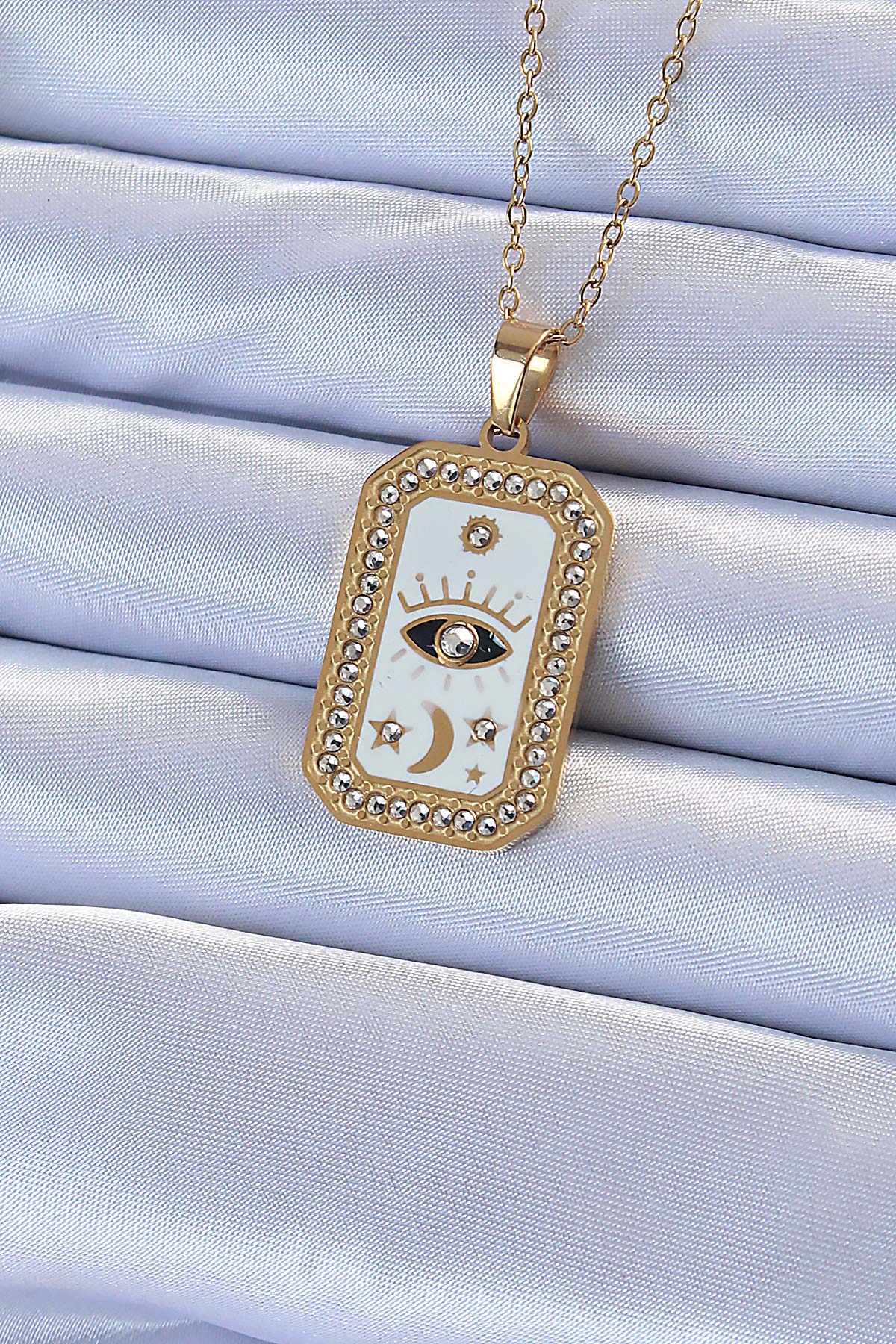 BKO9215 - 316L Çelik Zincir Altın Renk Mineli Zirkon Taşlı Göz Figür Tarot Kolye