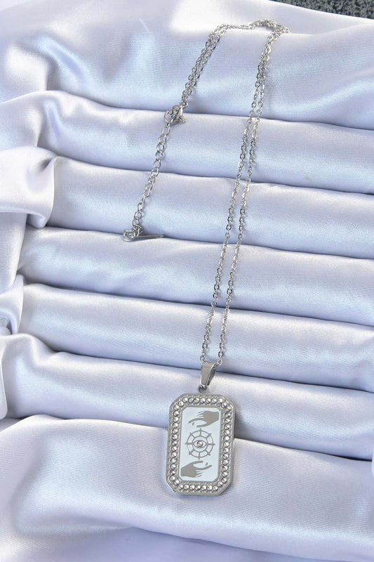 BKO9216 - 316L Çelik Zincir Gümüş Renk Mineli Zirkon Taşlı Göz Figür Tarot Kolye