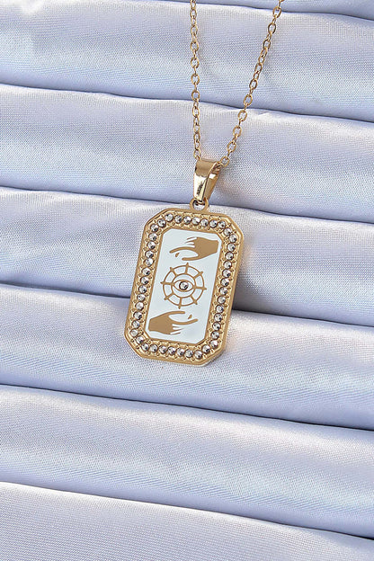 BKO9217 - 316L Çelik Zincir Altın Renk Mineli Zirkon Taşlı Göz Figür Tarot Kolye