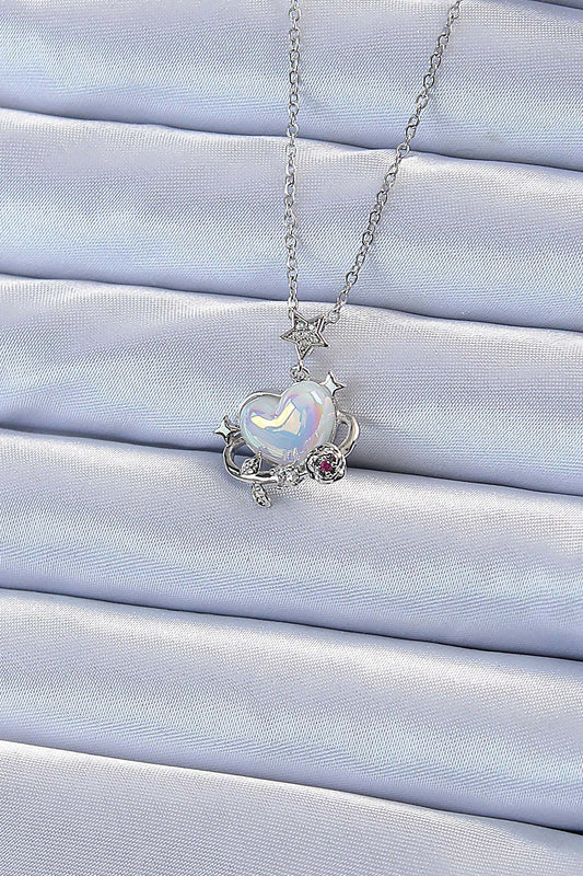 BKO9218 - 316L Çelik Zincir Gümüş Renk Zirkon Taşlı Gezegen Görünümlü Kalp Kolye