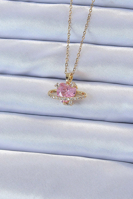 316L Çelik Zincir Altın Renk Pembe Zirkon Taşlı Satürn Görünümlü Kalp Kolye - BKO9220