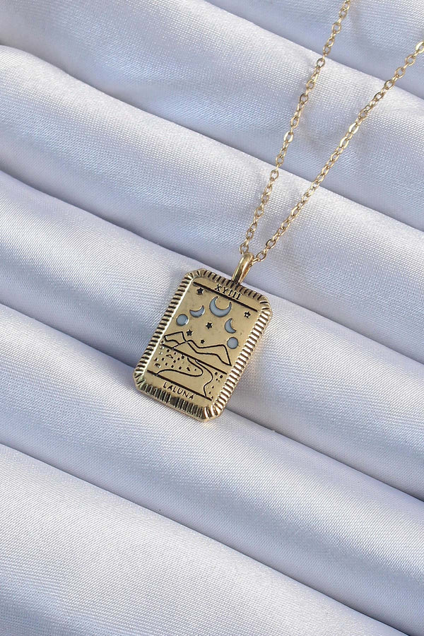 BKO9221 - 316L Çelik Zincir Eskitme Altın Renk Ay Figürlü Tarot Kolye