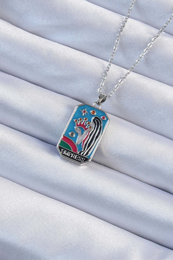 BKO9230 - 316L Çelik Zincir Gümüş Renk Taç ve Kız Figürlü Renkli Mineli Tarot Kolye