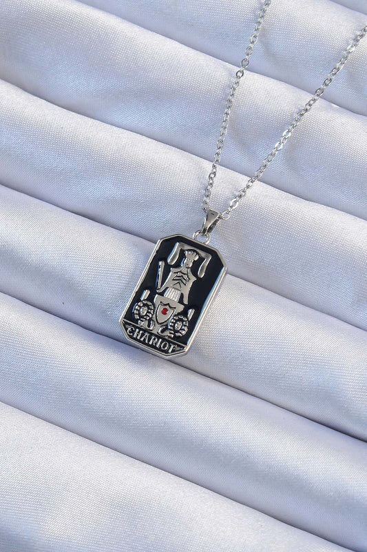 BKO9246 - 316L Çelik Zincir Gümüş Renk Siyah Mineli Tarot Kolye
