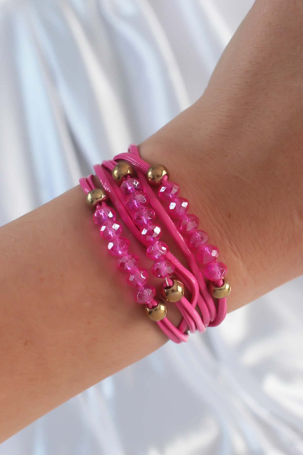 BB6342 - Pembe Renk Zirkon Taşlı İpli Çoklu Bileklik