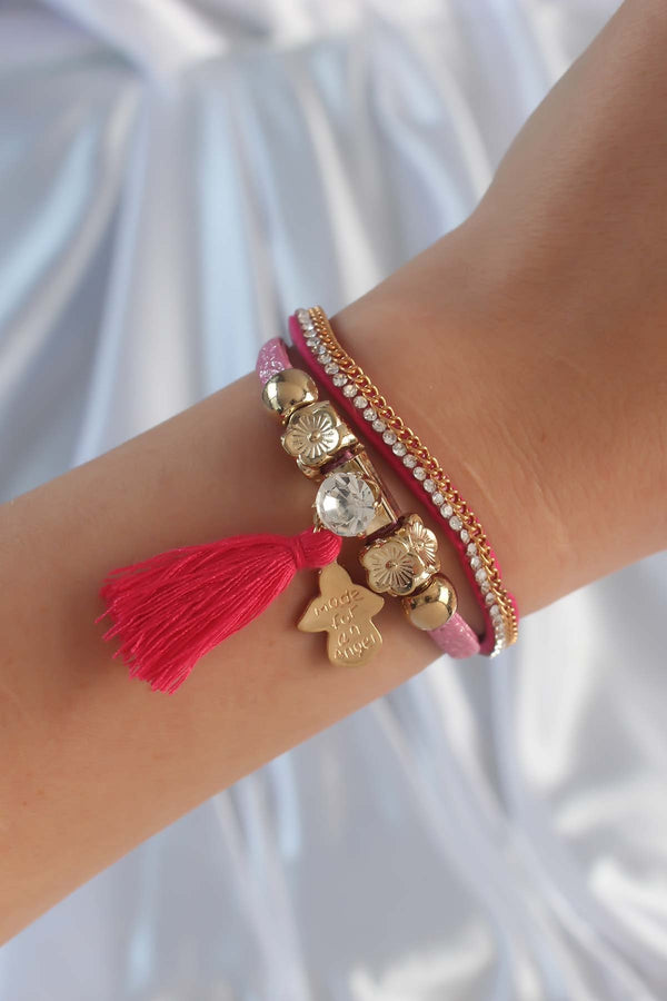BB6343 - Pembe Renk Zirkon Taşlı Püskül Detay Deri Çoklu Bileklik