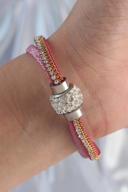 Pembe Renk Zirkon Taşlı Püskül Detay Deri Çoklu Bileklik - BB6343