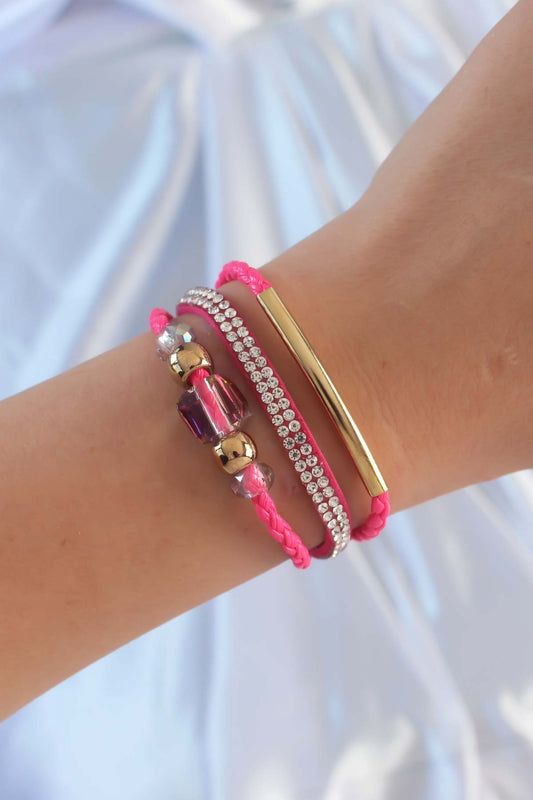 BB6350 - Pembe Renk Zirkon Taşlı Deri Çoklu Bileklik