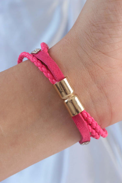 Pembe Renk Zirkon Taşlı Deri Çoklu Bileklik - BB6350
