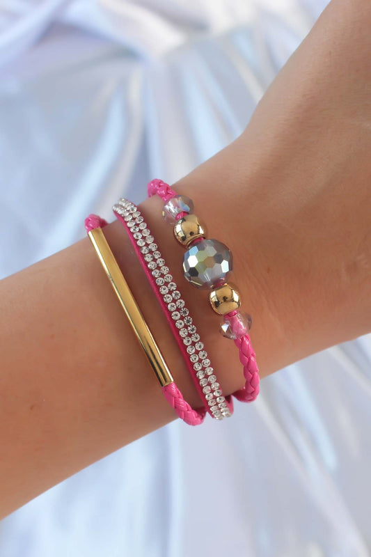 BB6352 - Pembe Renk Zirkon Taşlı Deri Çoklu Bileklik