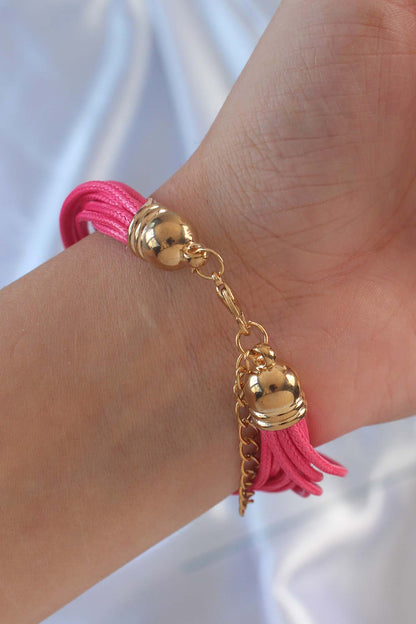 Pembe Renk Zirkon Taşlı Metal Aksesuarlı İpli Çoklu Bileklik - BB6357