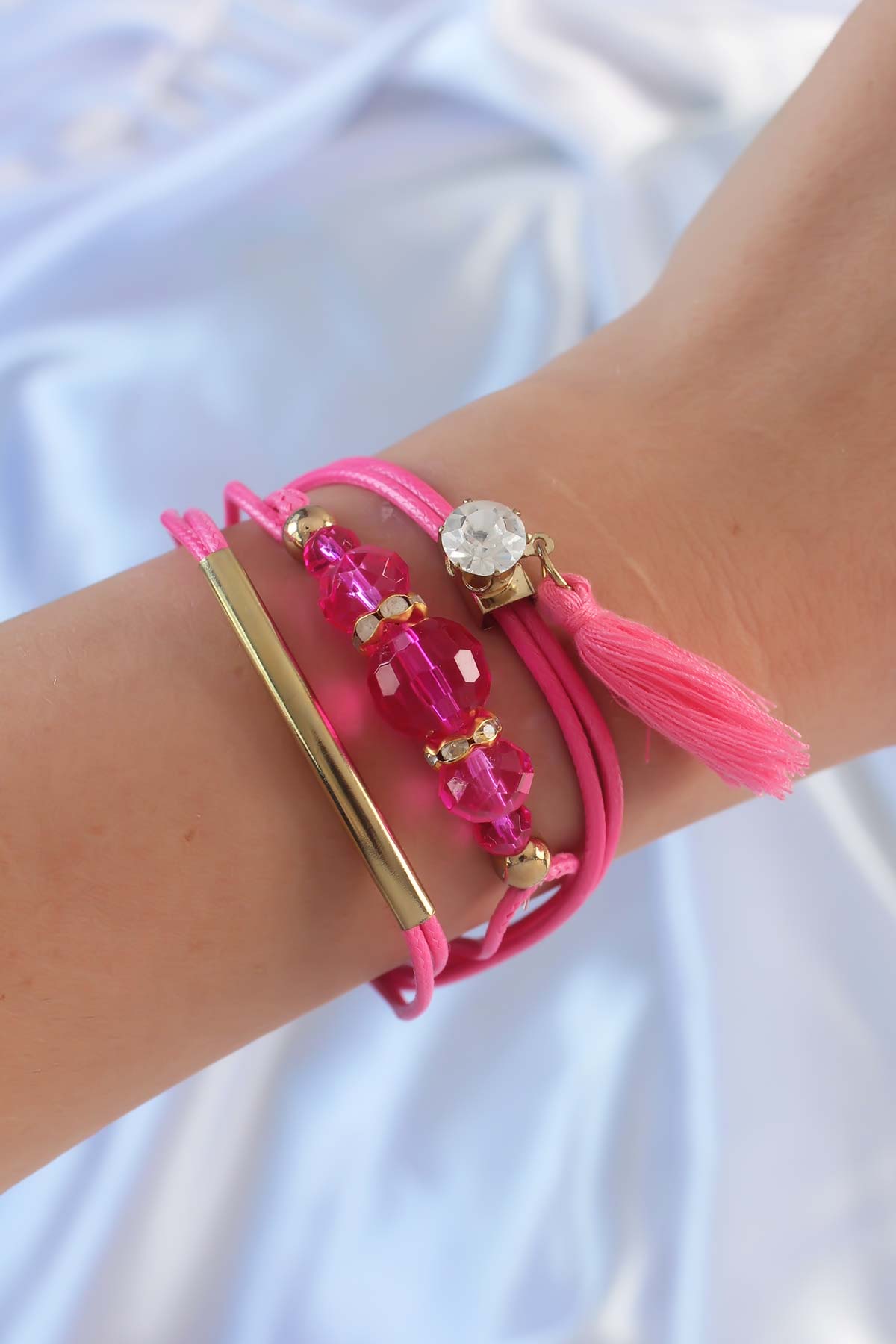 Pembe Zirkon Taşlı İpli Püskül Detay Çoklu Bileklik - BB6360