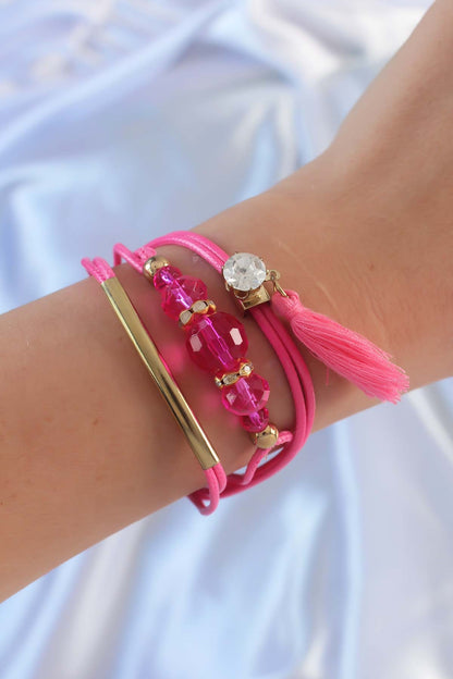 Pembe Zirkon Taşlı İpli Püskül Detay Çoklu Bileklik - BB6360