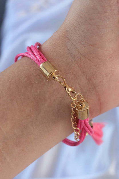 Pembe Zirkon Taşlı İpli Püskül Detay Çoklu Bileklik - BB6360