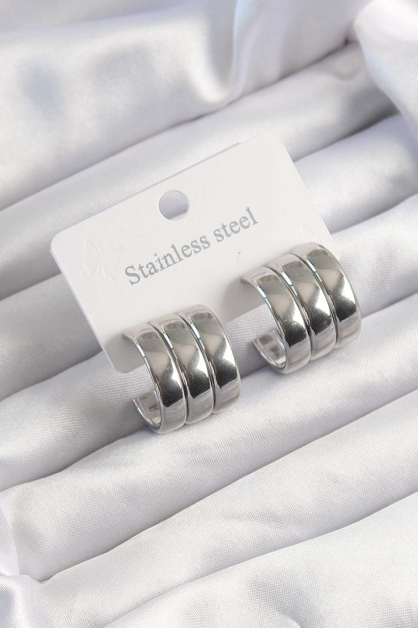 BKP9490 - 316L Çelik Gümüş Renk 3lü Görünüm Bombe Model Yarım Halka Küpe