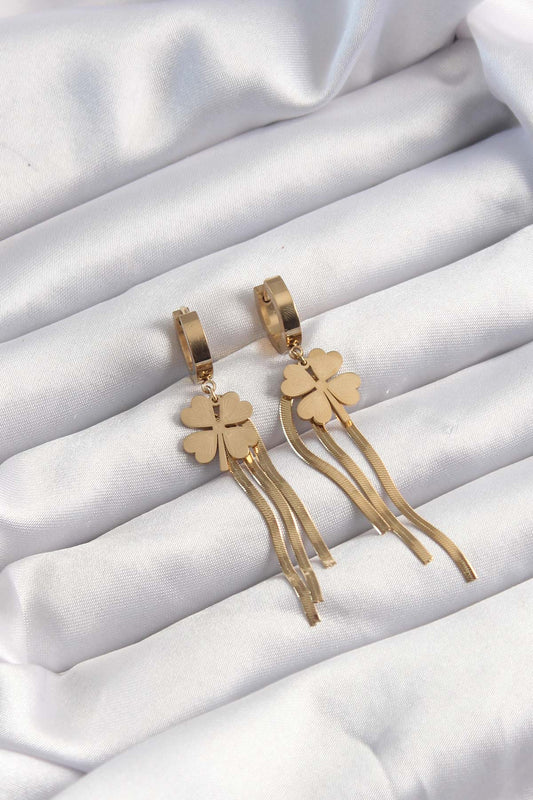 BKP9494 - 316L Çelik Altın Renk İtalyan Zincirli Yonca Model Halka Küpe