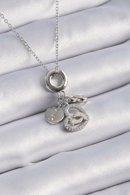 BKO9305 - 316L Çelik Gümüş Renk Zirkon Taş Detay Kalp Model Charm Kadın Kolye