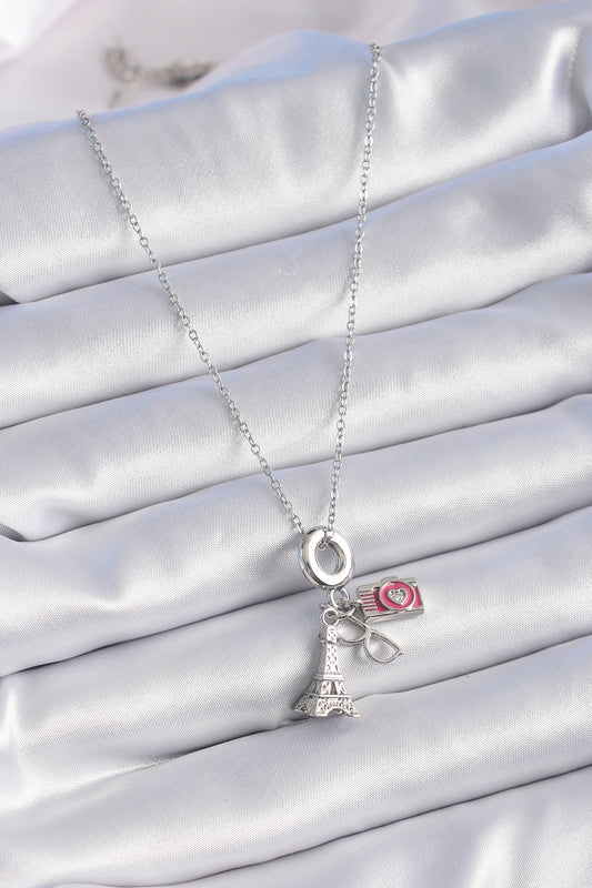 BKO9307 - 316L Çelik Gümüş Renk Eyfel Kule Fotoğraf Makinesi Model Charm Kadın Kolye