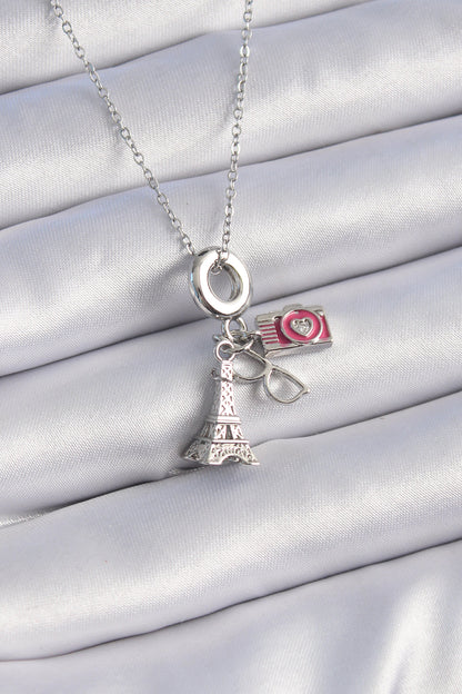 BKO9307 - 316L Çelik Gümüş Renk Eyfel Kule Fotoğraf Makinesi Model Charm Kadın Kolye