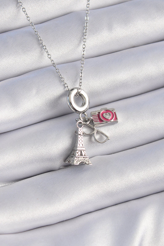 BKO9307 - 316L Çelik Gümüş Renk Eyfel Kule Fotoğraf Makinesi Model Charm Kadın Kolye