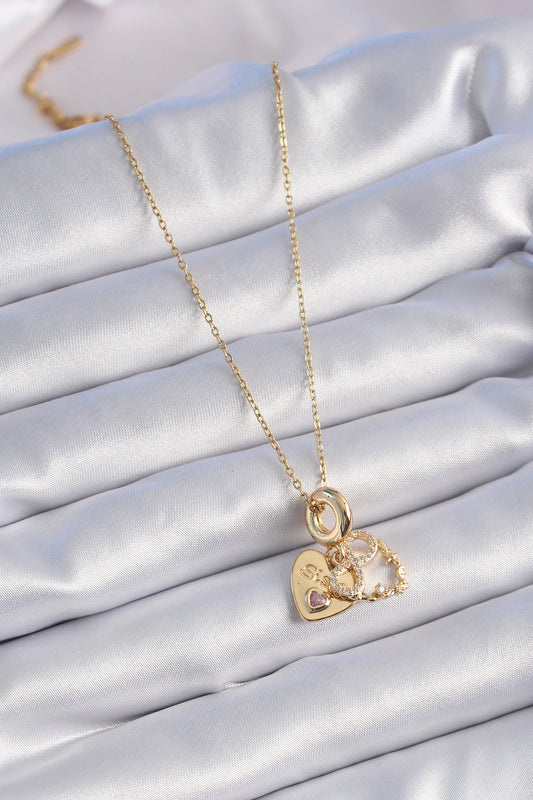 BKO9310 - 316L Çelik Gold Renk Zirkon Taşlı Sonsuzluk Kalp Figür Charm Model Kadın Kolye