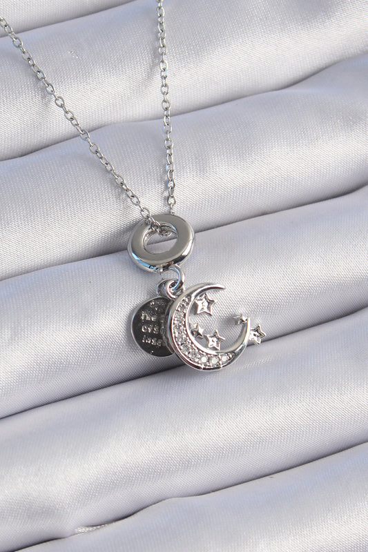 BKO9311 - 316L Çelik Gümüş Renk Zirkon Taşlı Ay Yıldız  Figür Charm Model Kadın Kolye