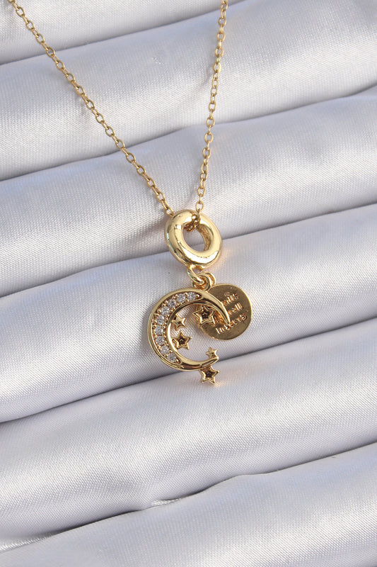 BKO9312 - 316L Çelik Gold Renk Zirkon Taşlı Ay Yıldız  Model Charm Model Kadın Kolye
