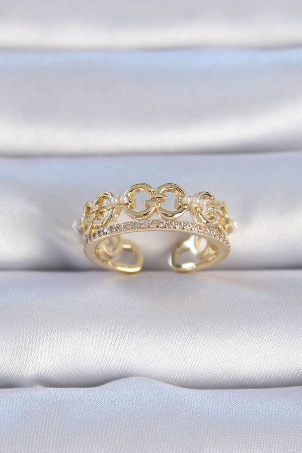 BYK3334 - Pirinç Gold Renk Zirkon Taşlı İnci Detay Kadın Yüzük