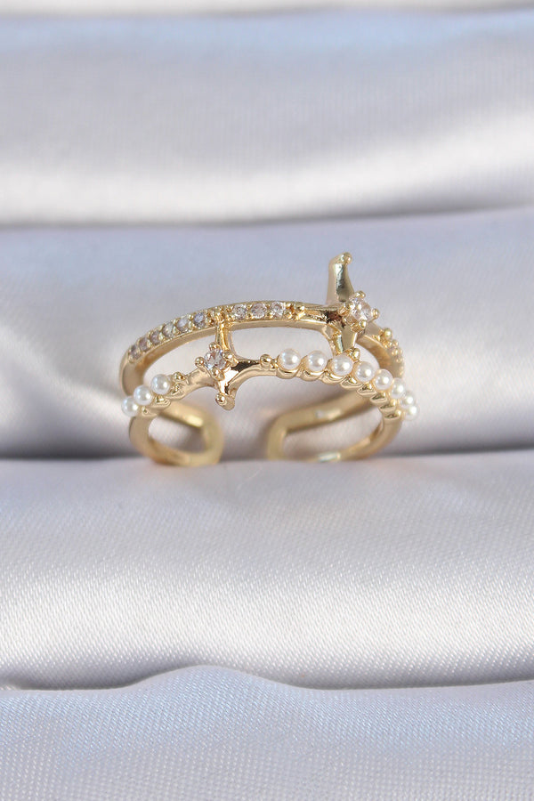 BYK3342 - Pirinç Gold Renk Zirkon Taşlı İnci Detay Kutup Yıldızı Model Kadın Yüzük