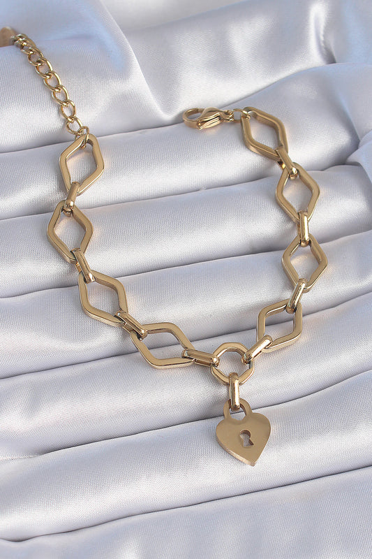 BB6434 - 316L Çelik Gold Renk Zincir Model Kilit Kalp Figür Kadın Bileklik