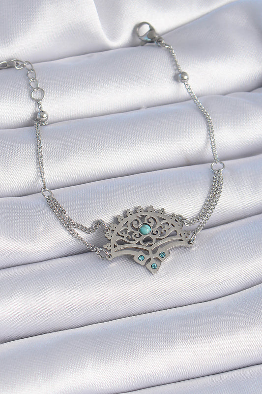 BB6436 - 316L Çelik Gümüş Renk Mavi Taşlı Etnik Desen Kadın Bileklik