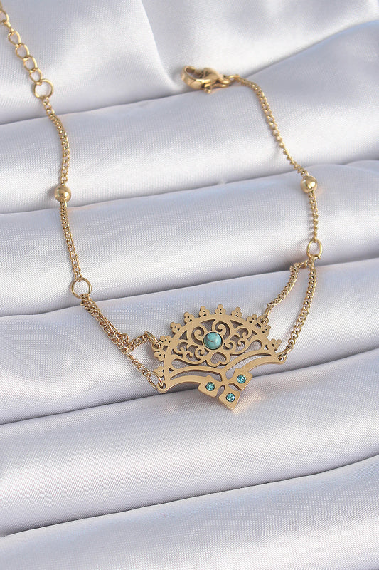 BB6437 - 316L Çelik Gold Renk Mavi Taşlı Etnik Desen Kadın Bileklik