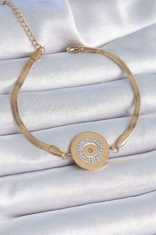 BB6445 - 316L Çelik Gold Renk İtalyan Zincir Zirkon Taşlı Göz İşlemeli Madalyon Model Kadın Bileklik