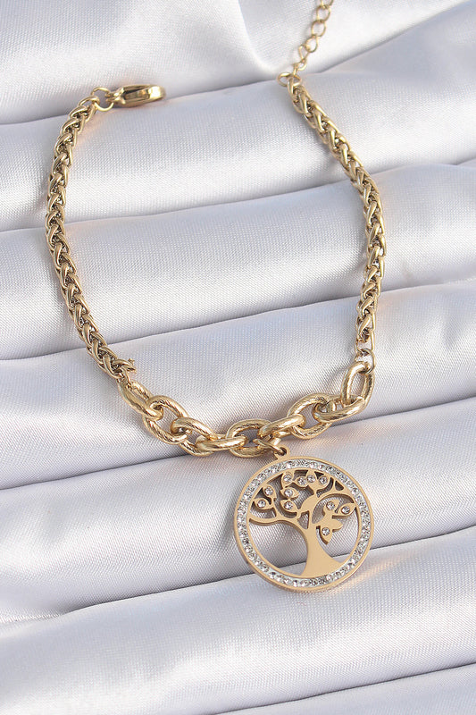 BB6452 - 316L Çelik Gold Renk Zirkon Taşlı Yaşam Ağacı Figür Kadın Bileklik