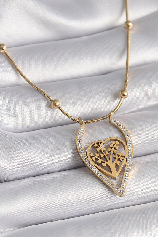 BKO9405 - 316L Çelik Gold Renk Zirkon Taşlı Detaylı Kalp Fidan Model Kadın Kolye