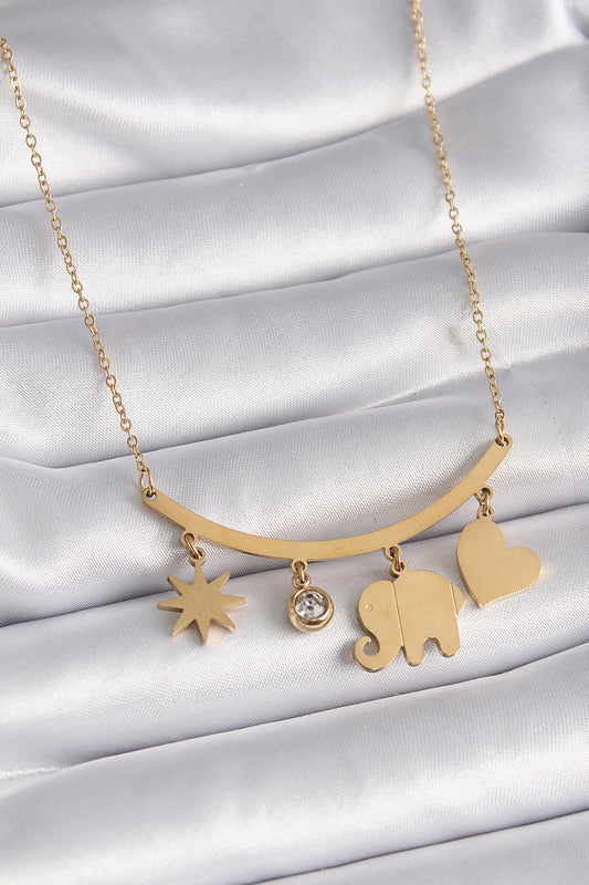 BKO9408 - 316L Çelik Gold Renk Fil Figür Zirkon Taş Detay Kadın Kolye