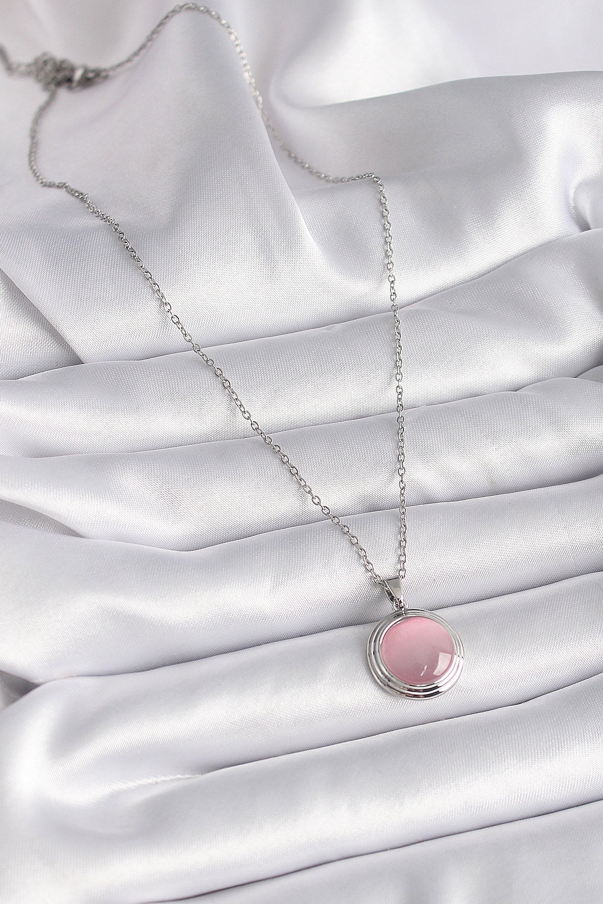 316L Çelik Gümüş Renk Daire Pembe Sedefli Model Kadın Kolye - BKO9425