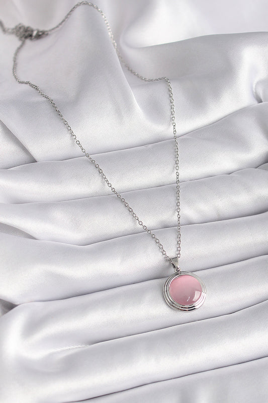 316L Çelik Gümüş Renk Daire Pembe Sedefli Model Kadın Kolye - BKO9425