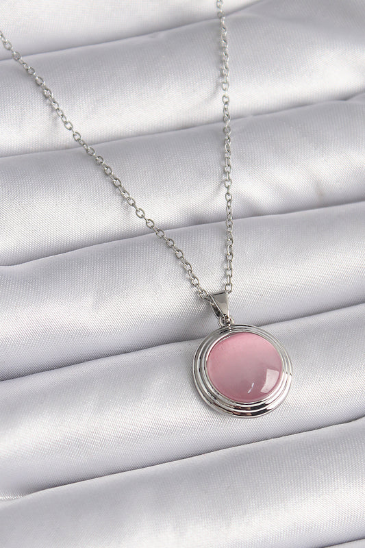 316L Çelik Gümüş Renk Daire Pembe Sedefli Model Kadın Kolye - BKO9425