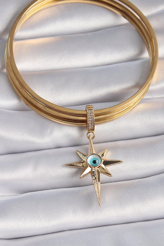 BC1006 - Pirinç Gold Renk Zirkon Taşlı Kutup Yıldızı Nazar Boncuk Detay Ajda Charm