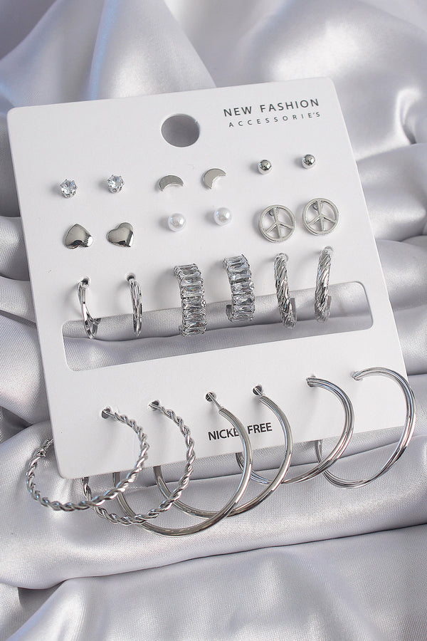 BKP9682 - Pirinç Gümüş Renk Zirkon Taşlı 12 Çift Kadın Küpe Seti