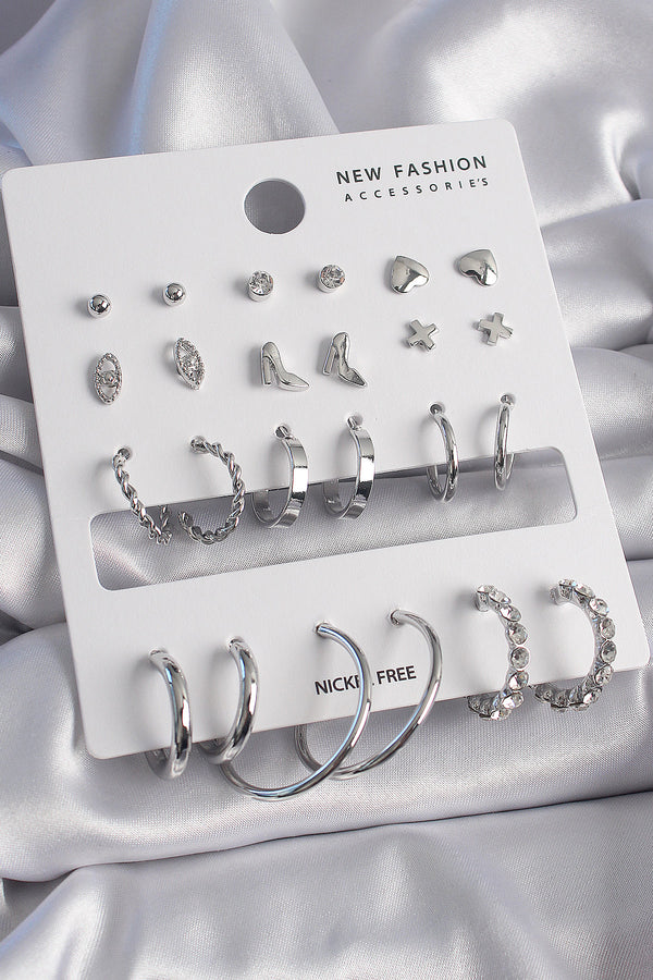 BKP9683 - Pirinç Gümüş Renk 12 Çift Kadın Küpe Seti